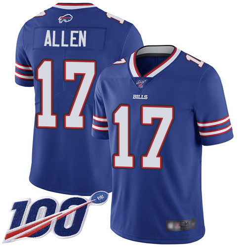 Bills #17 Josh Allen Royal Blue Team Color Youth Stitched Football 100th Season Vapor Limited Jersey