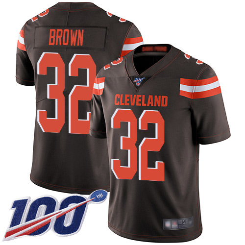 Browns #32 Jim Brown Brown Team Color Youth Stitched Football 100th Season Vapor Limited Jersey