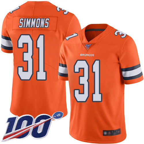 Broncos #31 Justin Simmons Orange Youth Stitched Football Limited Rush 100th Season Jersey
