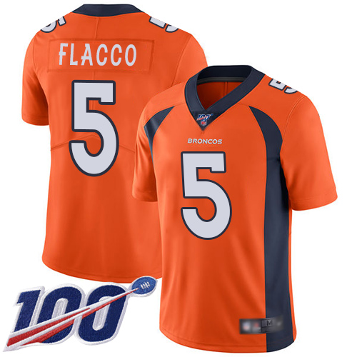 Broncos #5 Joe Flacco Orange Team Color Youth Stitched Football 100th Season Vapor Limited Jersey