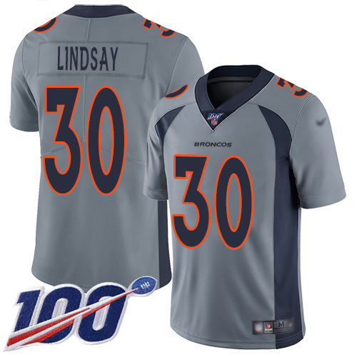 Broncos #30 Phillip Lindsay Gray Youth Stitched Football Limited Inverted Legend 100th Season Jersey