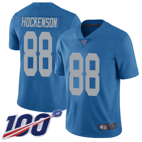 Lions #88 T.J. Hockenson Blue Throwback Youth Stitched Football 100th Season Vapor Limited Jersey