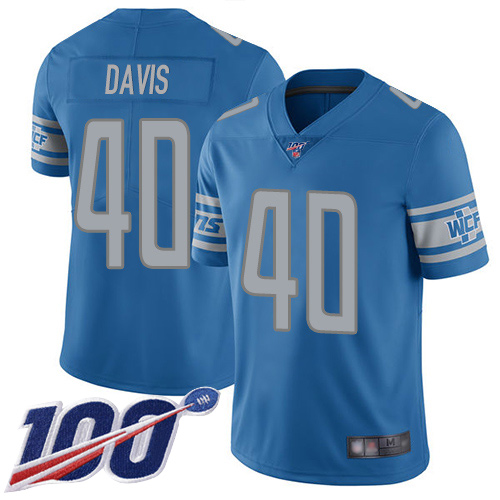 Lions #40 Jarrad Davis Blue Team Color Youth Stitched Football 100th Season Vapor Limited Jersey