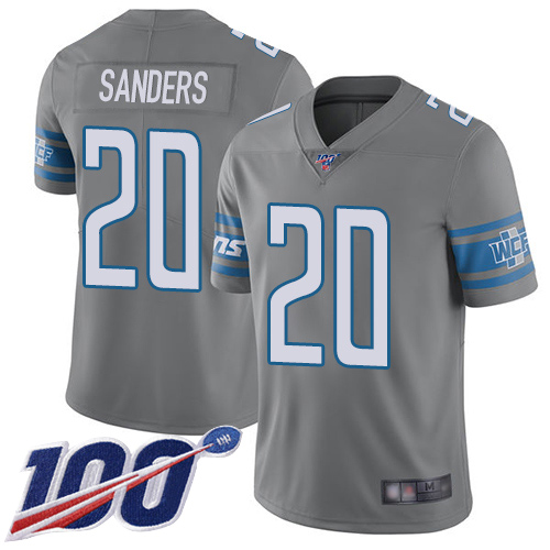 Lions #20 Barry Sanders Gray Youth Stitched Football Limited Rush 100th Season Jersey