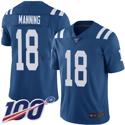 Colts #18 Peyton Manning Royal Blue Team Color Youth Stitched Football 100th Season Vapor Limited Jersey