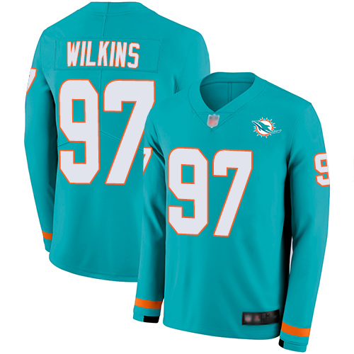 Dolphins #97 Christian Wilkins Aqua Green Team Color Youth Stitched Football Limited Therma Long Sleeve Jersey