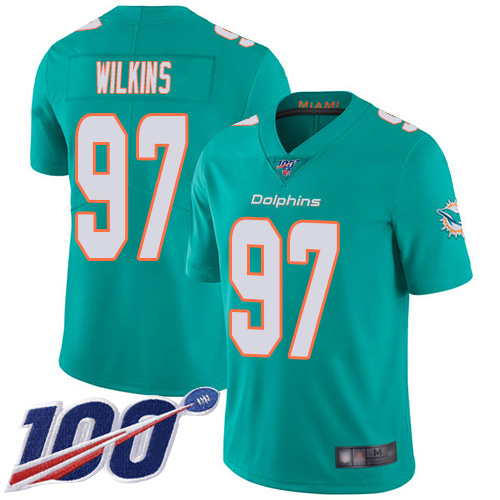 Dolphins #97 Christian Wilkins Aqua Green Team Color Youth Stitched Football 100th Season Vapor Limited Jersey