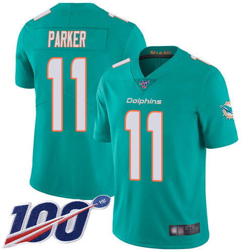 Dolphins #11 DeVante Parker Aqua Green Team Color Youth Stitched Football 100th Season Vapor Limited Jersey