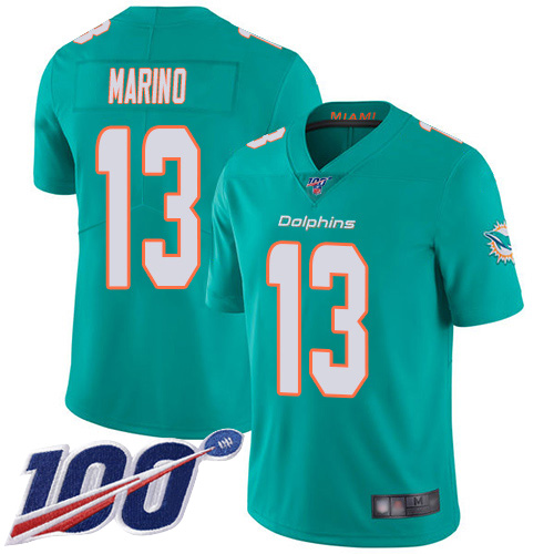 Dolphins #13 Dan Marino Aqua Green Team Color Youth Stitched Football 100th Season Vapor Limited Jersey