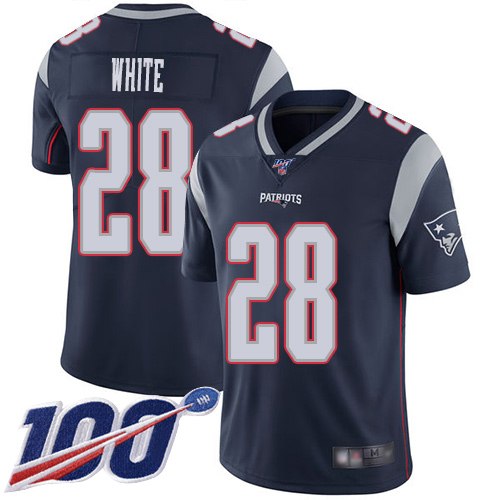 Patriots #28 James White Navy Blue Team Color Youth Stitched Football 100th Season Vapor Limited Jersey