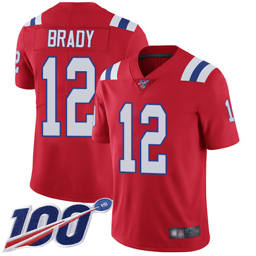 Patriots #12 Tom Brady Red Alternate Youth Stitched Football 100th Season Vapor Limited Jersey