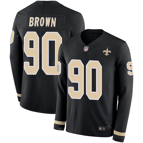 Nike Saints #90 Malcom Brown Black Team Color Youth Stitched NFL Limited Therma Long Sleeve Jersey