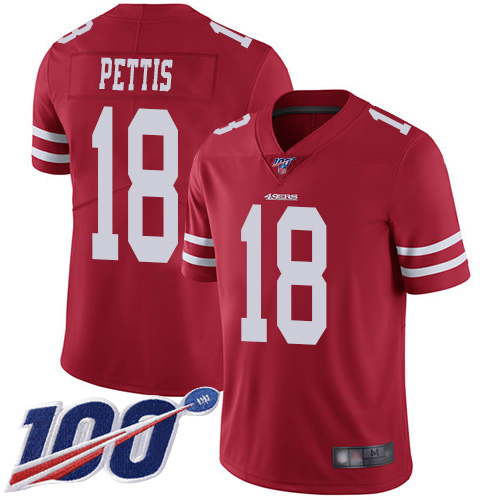 49ers #18 Dante Pettis Red Team Color Youth Stitched Football 100th Season Vapor Limited Jersey