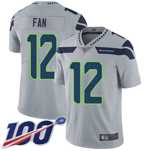 Seahawks #12 Fan Grey Alternate Youth Stitched Football 100th Season Vapor Limited Jersey