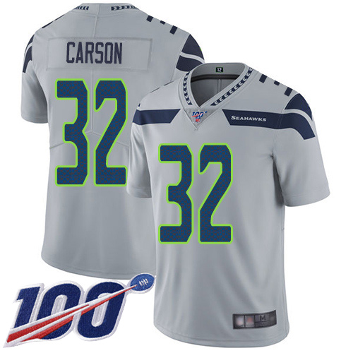 Seahawks #32 Chris Carson Grey Alternate Youth Stitched Football 100th Season Vapor Limited Jersey