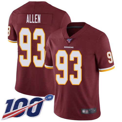 Redskins #93 Jonathan Allen Burgundy Red Team Color Youth Stitched Football 100th Season Vapor Limited Jersey
