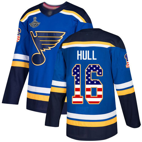 Blues #16 Brett Hull Blue Home Authentic USA Flag Stanley Cup Champions Stitched Youth Hockey Jersey