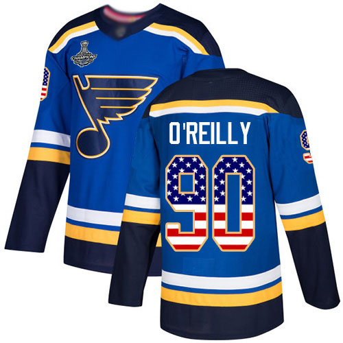 Blues #90 Ryan O'Reilly Blue Home Authentic USA Flag Stanley Cup Champions Stitched Youth Hockey Jersey